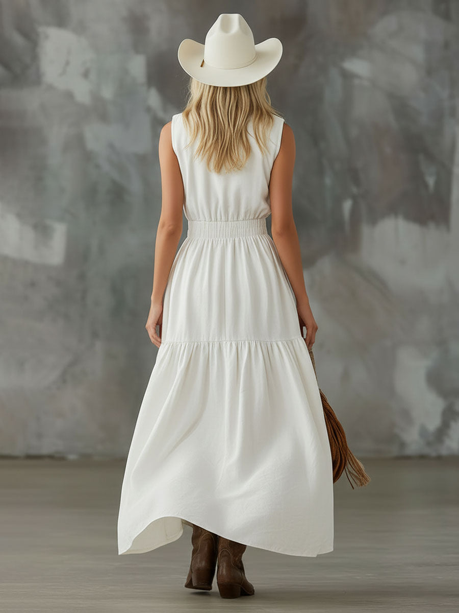 Stand-collar Double-pocket Elastic-waist Cotton-linen Sleeveless Maxi Dress - Samberule