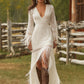 Retro White Lace V-neck Long Sleeve Tassel Short Front And Long Back Skirt Maxi Dress - Samberule