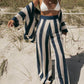 Loose V-Neck Fashion Hollow Out Striped Shirt Wide Leg Pants Set
