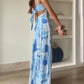 Halter Straps Lace Patchwork Printed Back Tie Halter Flare Maxi Dresses