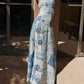 Halter Straps Lace Patchwork Printed Back Tie Halter Flare Maxi Dresses