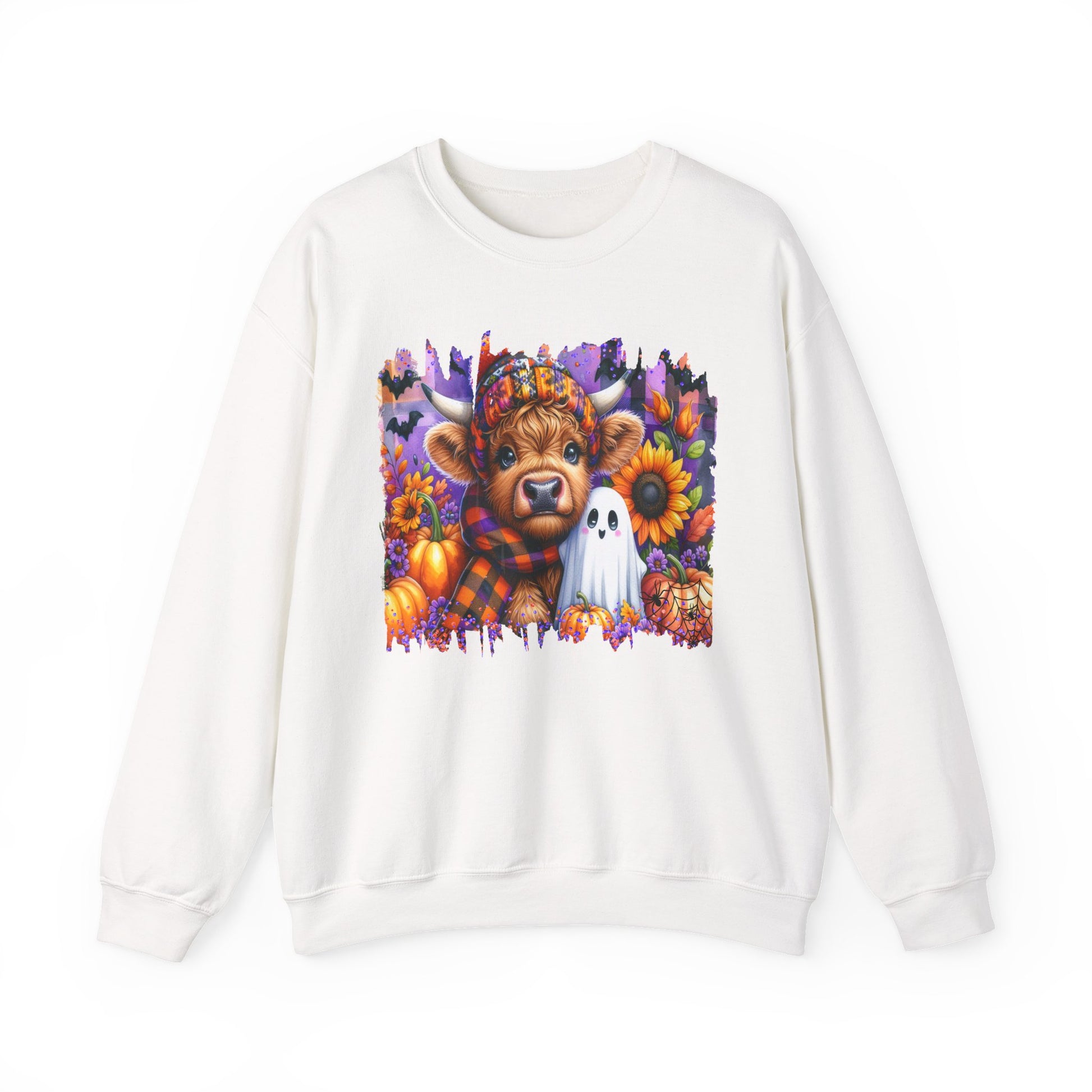 Fall Highland Cow Ghost Halloween Crewneck Sweatshirt - Samberule