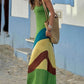 Unique Color Block Stitching Print Backless Slim Fit Maxi Dress