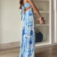 Halter Straps Lace Patchwork Printed Back Tie Halter Flare Maxi Dresses