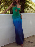 Ombre Marine Asymmetric Neck Evening Gown Maxi Dress