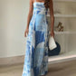 Halter Straps Lace Patchwork Printed Back Tie Halter Flare Maxi Dresses