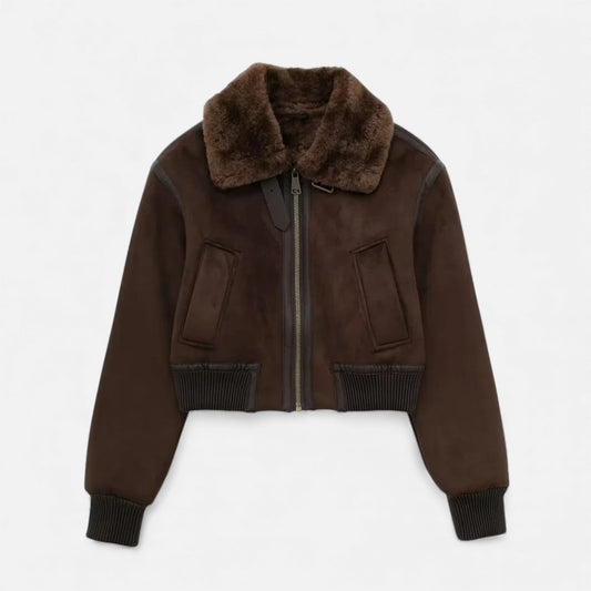 Women’s Brown Bomber Jacket with Faux Fur Trim - Samberule