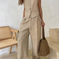 Classic V-neck Pleated Cotton and Linen Wide-leg Pants Suit