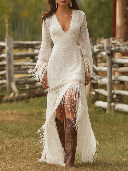 Retro White Lace V-neck Long Sleeve Tassel Short Front And Long Back Skirt Maxi Dress - Samberule