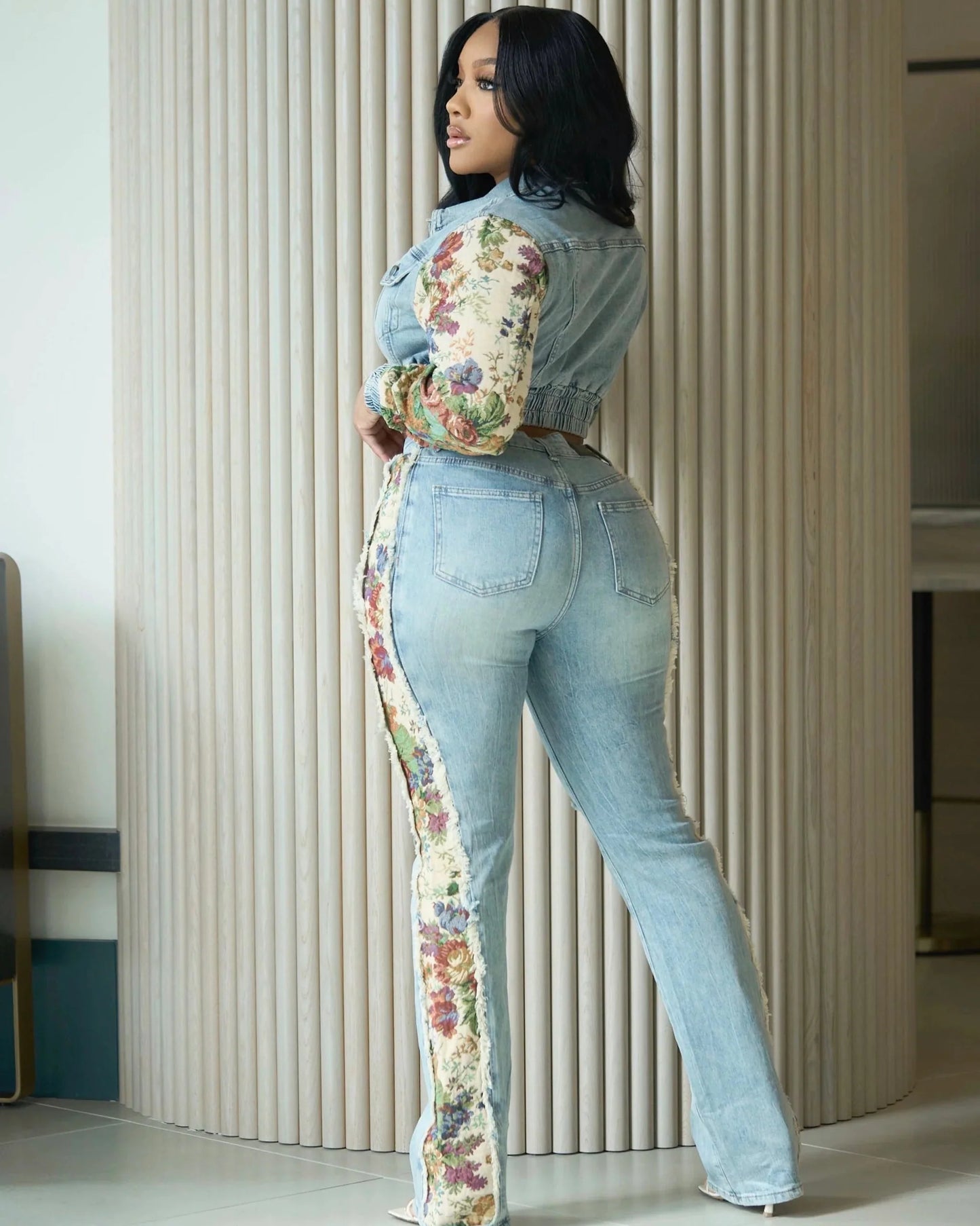 SHAY Denim Tapestry Cropped Jacket & Pant Set