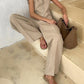 Classic V-neck Pleated Cotton and Linen Wide-leg Pants Suit