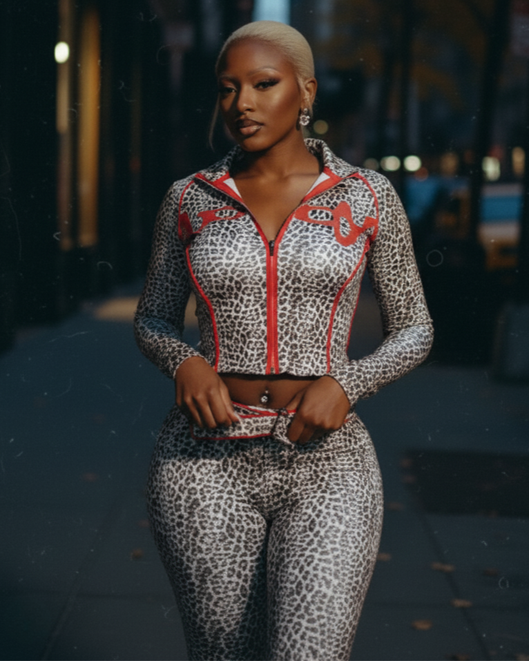 DELYSSA Leopard Cropped Jacket Top & Pants Set