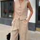 Classic V-neck Pleated Cotton and Linen Wide-leg Pants Suit