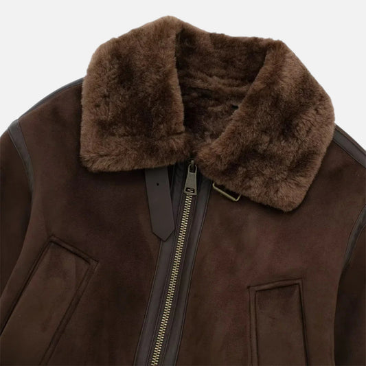 Women’s Brown Bomber Jacket with Faux Fur Trim - Samberule