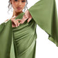 Green Asymmetrical Hem Satin Maxi Dress