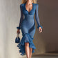 Stylish And Elegant Blue V-neck Midi Dress - Samberule