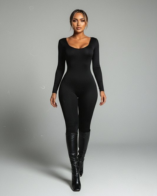 HINNA Plunge Neck Long Sleeve Jumpsuit