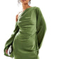 Green Asymmetrical Hem Satin Maxi Dress