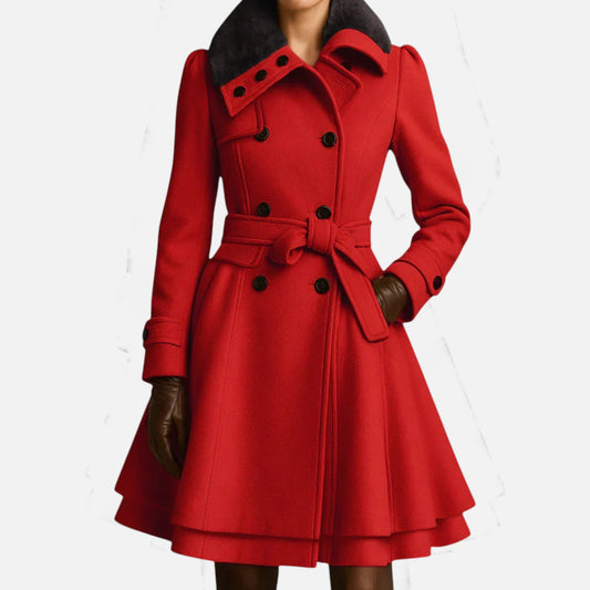 Women’s Coat with Belt and Faux Fur Collar – Double-Breasted Long Jacket - Samberule
