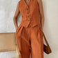 Classic V-neck Pleated Cotton and Linen Wide-leg Pants Suit