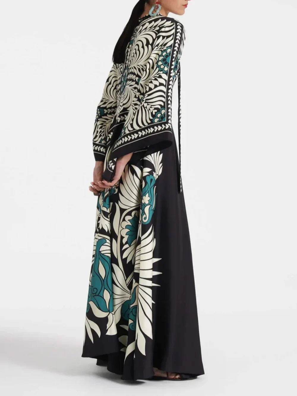 Elegance Floral Print Waterfall Sleeves Maxi Dress