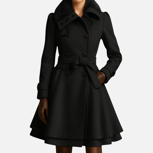 Women’s Coat with Belt and Faux Fur Collar – Double-Breasted Long Jacket - Samberule