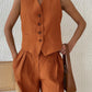 Classic V-neck Pleated Cotton and Linen Wide-leg Pants Suit
