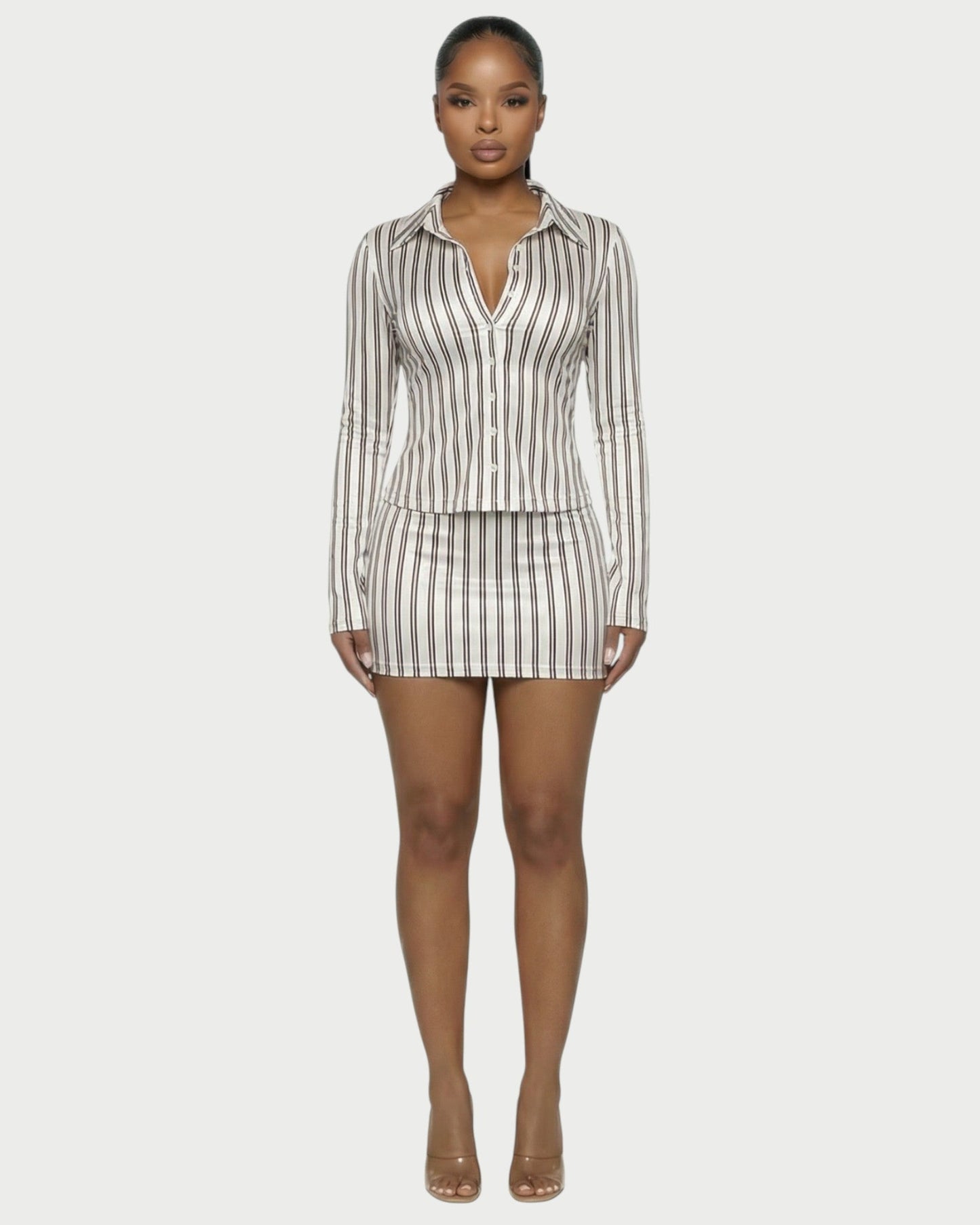 AVENYA Striped Long-Sleeved Shirt & Mini Skirt Set