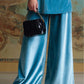High-neck blue velvet loose casual set