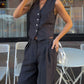 Classic V-neck Pleated Cotton and Linen Wide-leg Pants Suit