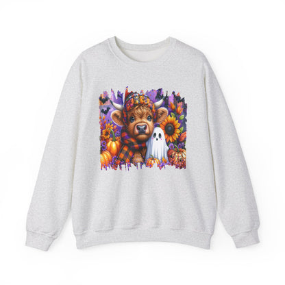 Fall Highland Cow Ghost Halloween Crewneck Sweatshirt - Samberule