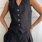 Classic V-neck Pleated Cotton and Linen Wide-leg Pants Suit