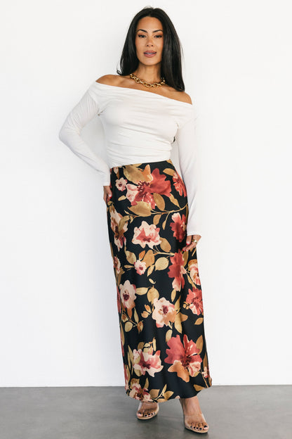 Cosette Satin Midi Skirt | Black Floral