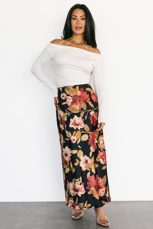 Cosette Satin Midi Skirt | Black Floral