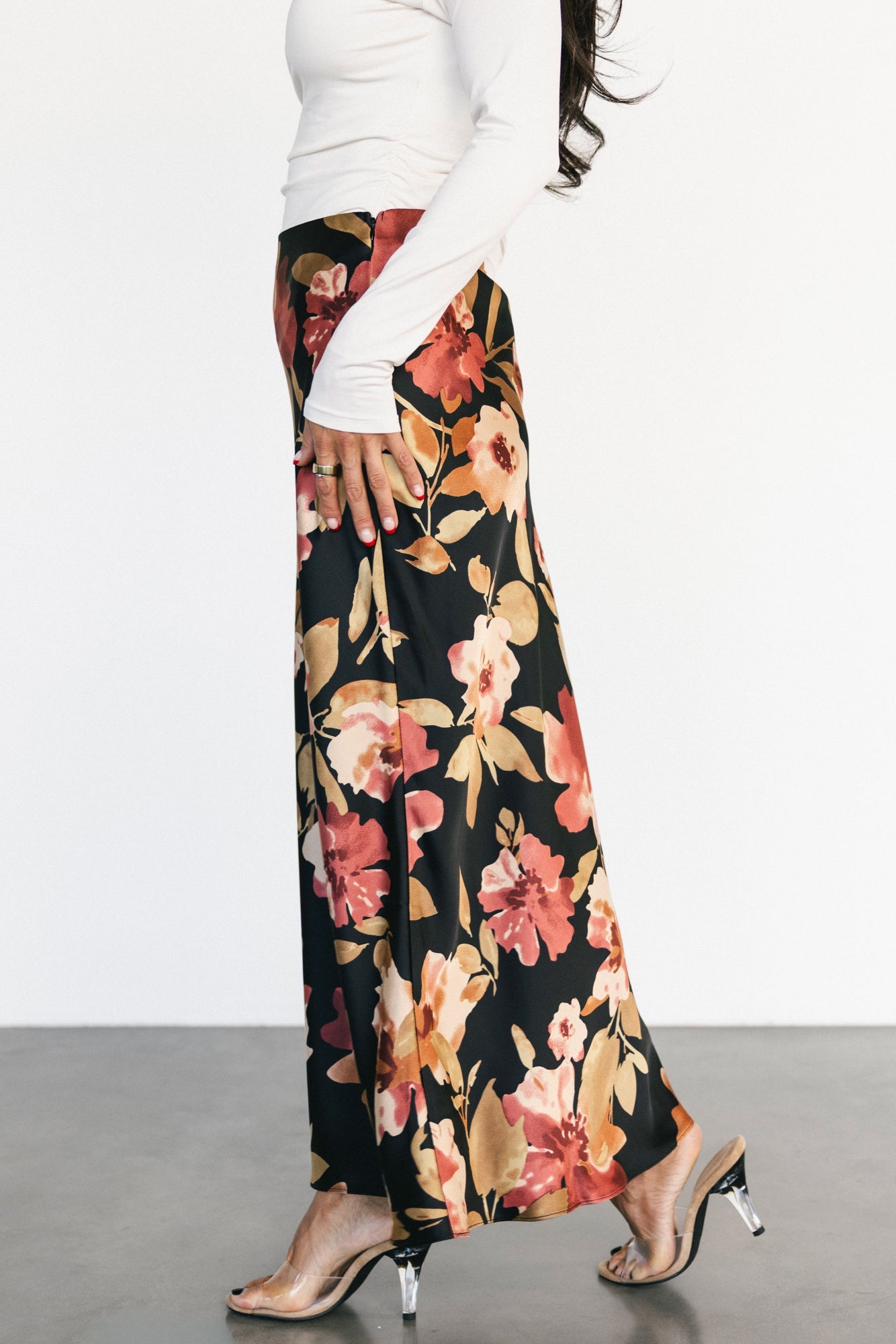 Cosette Satin Midi Skirt | Black Floral