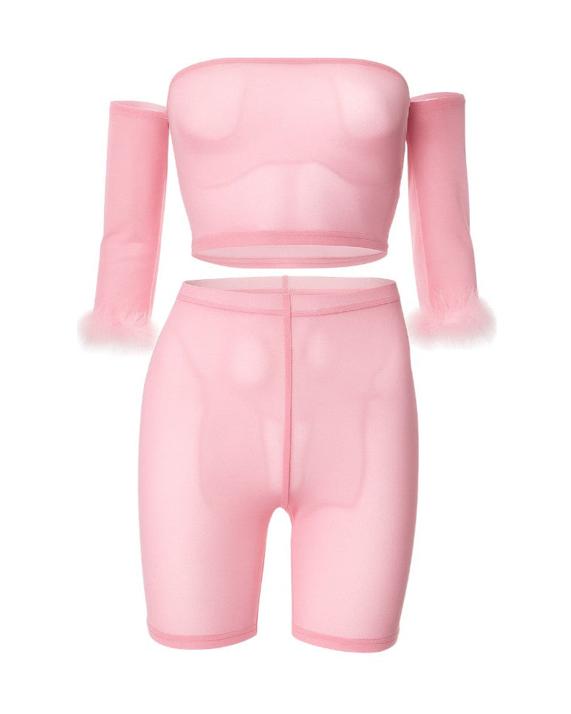 RAMIRA Faux Feather Trim Mesh Top & Shorts Set