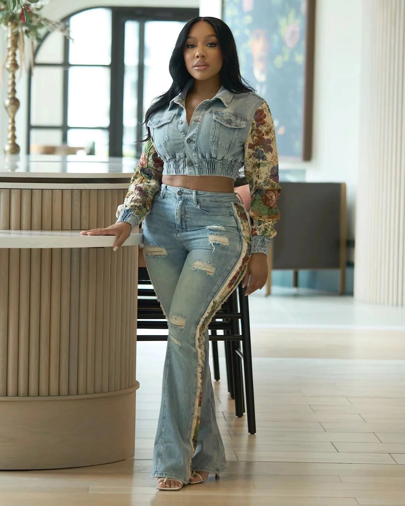 SHAY Denim Tapestry Cropped Jacket & Pant Set