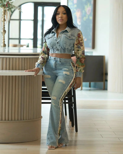 SHAY Denim Tapestry Cropped Jacket & Pant Set