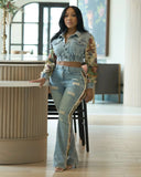 SHAY Denim Tapestry Cropped Jacket & Pant Set