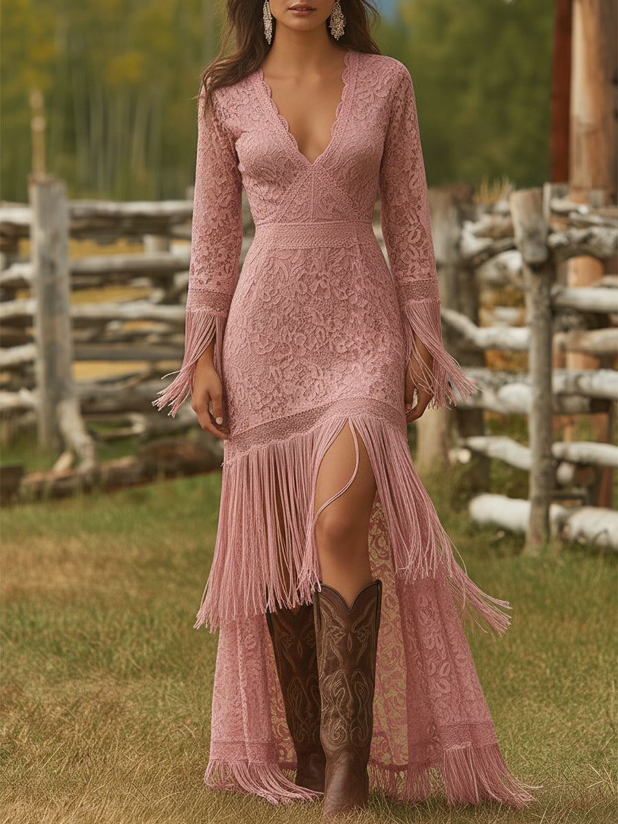 Retro White Lace V-neck Long Sleeve Tassel Short Front And Long Back Skirt Maxi Dress - Samberule