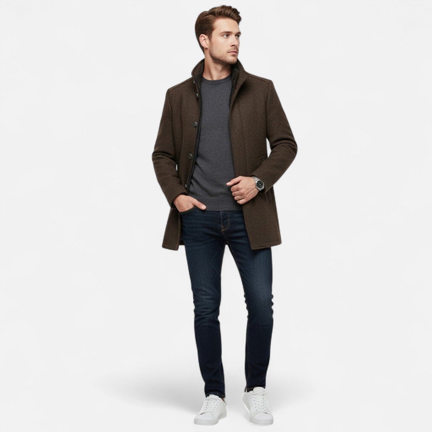 Men's Long Wool Overcoat Featuring Vest Panel
