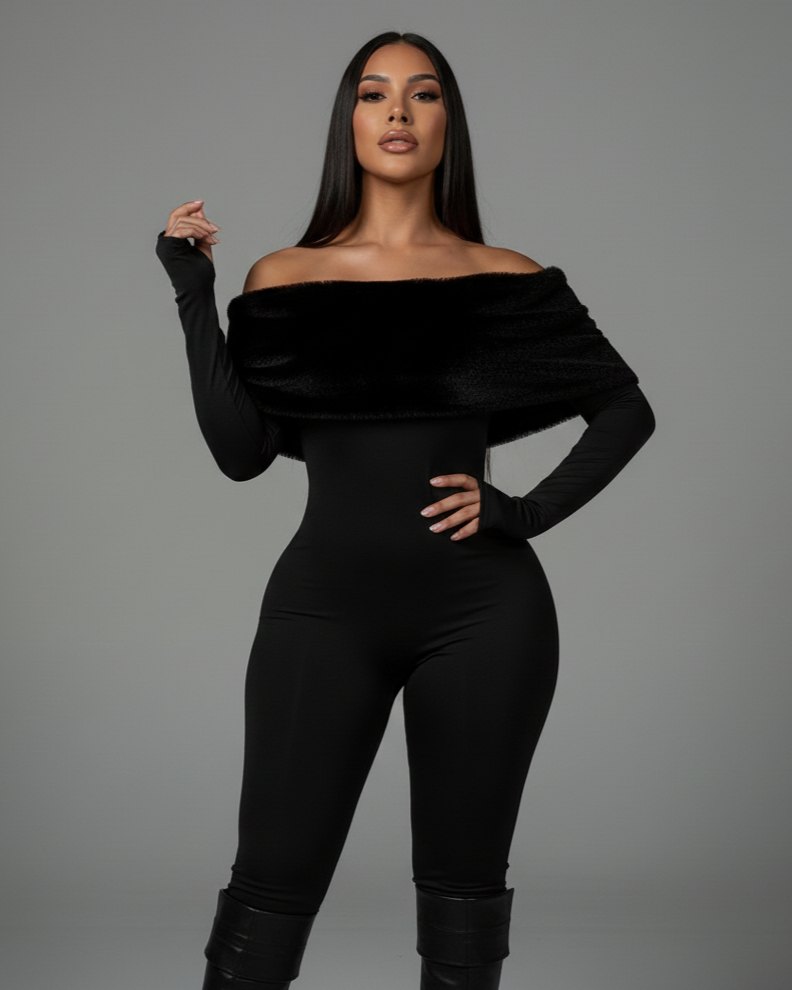 NENYA Off-Shoulder Faux-Fur Jumpsuit