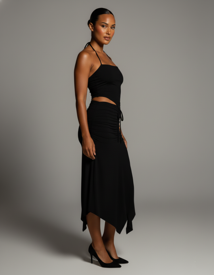 JESS Halter Crop Top & Ruched Midi Skirt Set