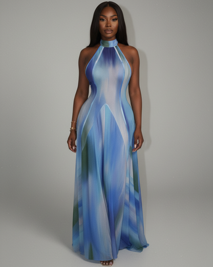 REBECCA High Neck Watercolor Maxi Dress