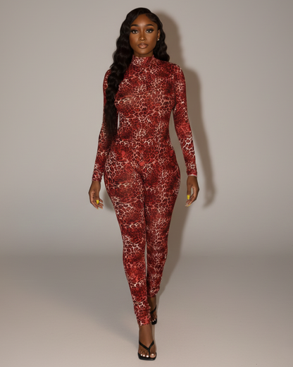 KHIONE Leopard Print Mock Neck Jumpsuit