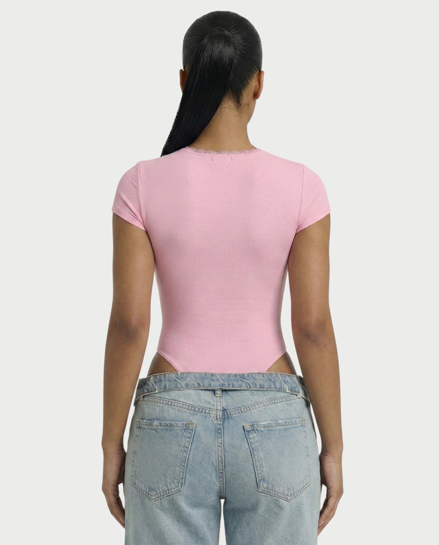 Ribbed Lace-Trim Square Neck Bodysuit - Samberule