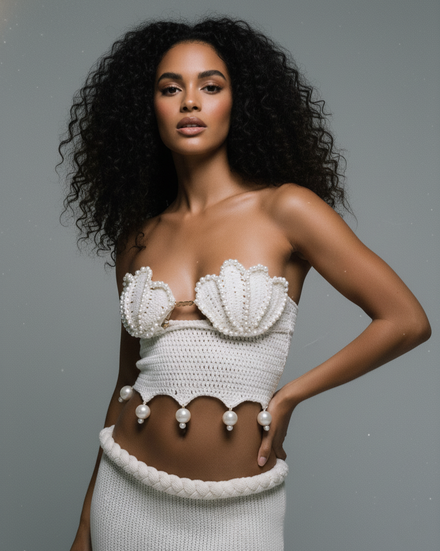 POSIE Crochet Pearl Detail Strapless Top & Maxi Skirt Set