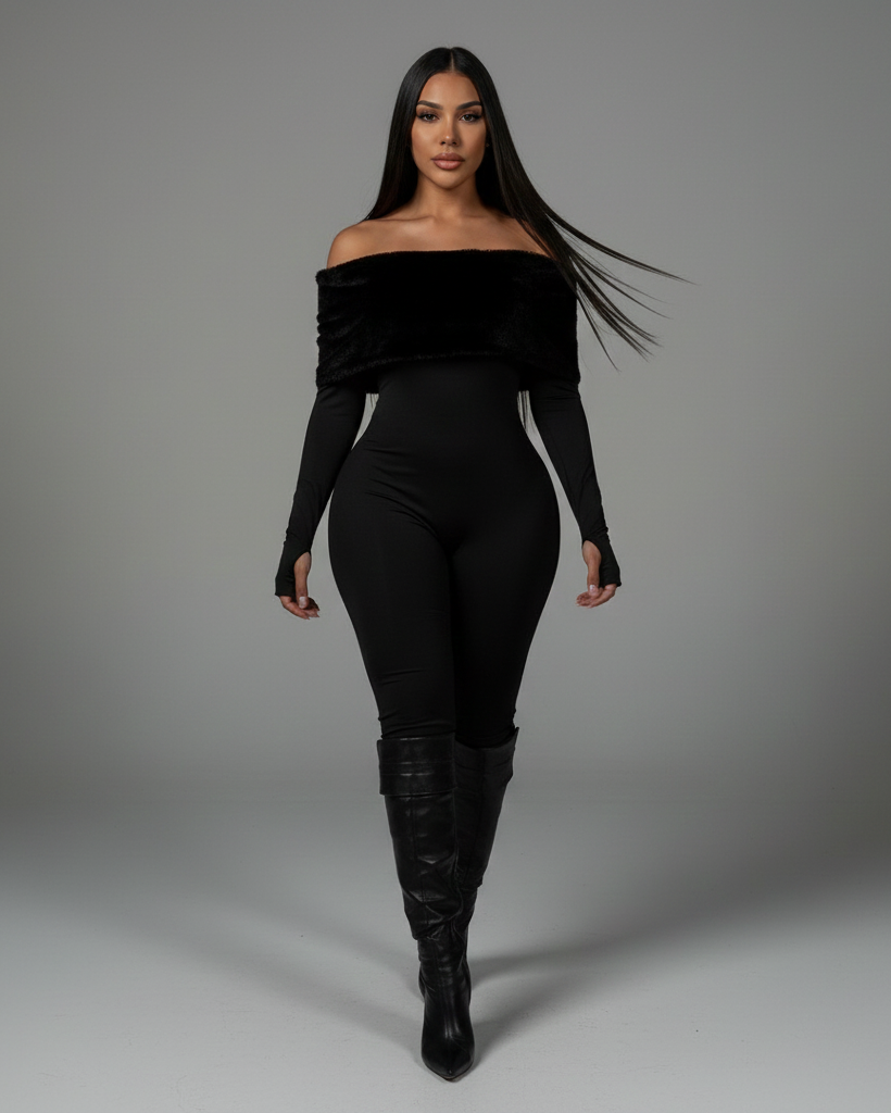 NENYA Off-Shoulder Faux-Fur Jumpsuit