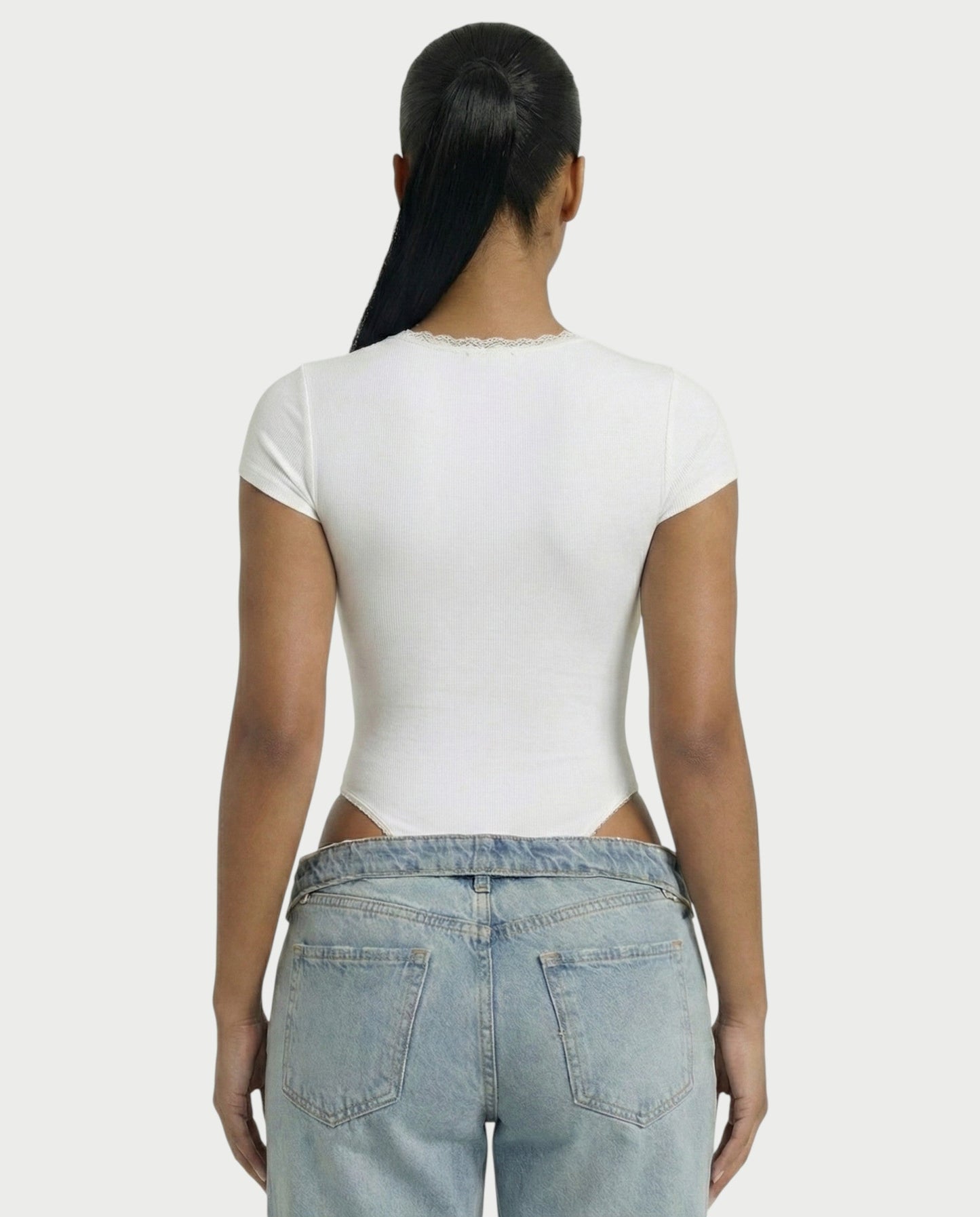 Ribbed Lace-Trim Square Neck Bodysuit - Samberule