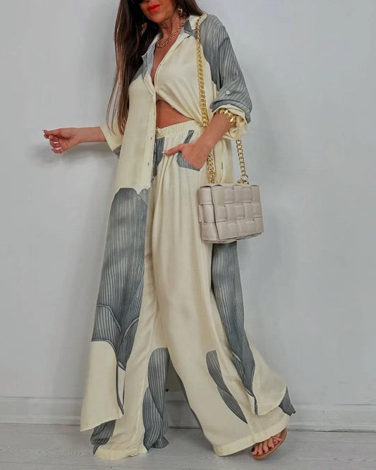 Women's V-neck Patchwork Top and Pants Casual Set